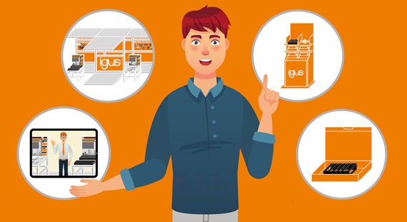 Oferowane usługi: wirtualne targi, wystawy na miejscu, przykładowe ekspozycje igus, niestandardowe zestawy próbek